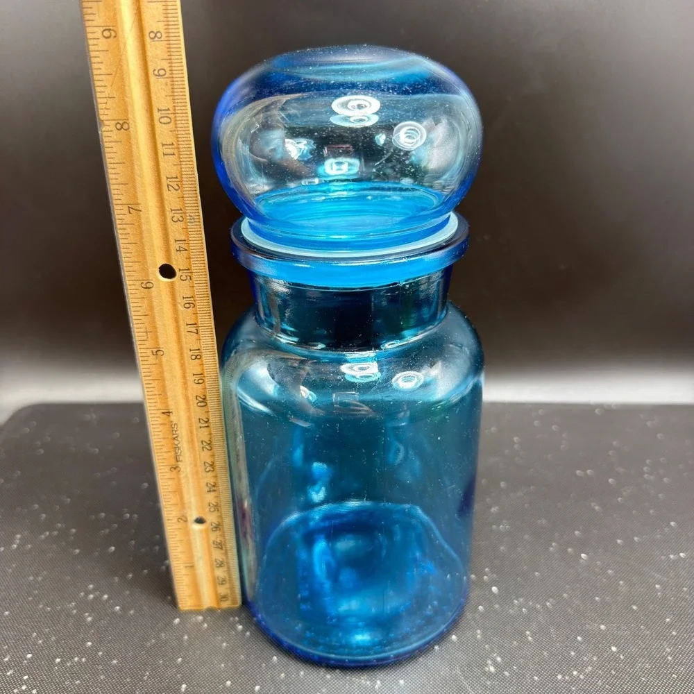 Vintage Blue Glass Apothecary Jar Bubble Lid Made in Belgium‎ Turquoise 8.5